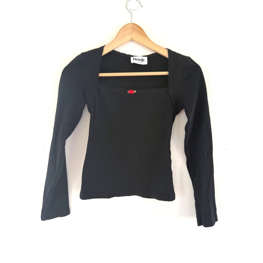 Rouje Paris Black Ribbed Long Sleeve Square Neck Rose Detail Top Size 36
